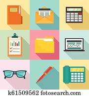 contabilidad, icono, conjunto, plano, estilo