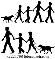 Casual family mom dad lead kids and dog on walk Casual family mom dad lead kids and dog on walk