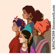 International Women's Day. Vector illustration with different nationalities and cultures. The struggle for freedom, independence, equality.