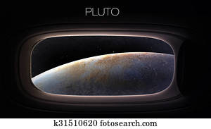 Pluto - Beauty of solar system planet in spaceship window porthole. Elements of this image furnished by NASA