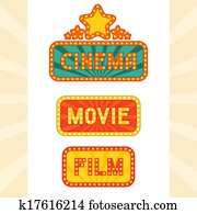 conjunto, de, encendido, retro, cine, neón, signs.