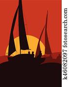 Yachts sailing regatta ocean landscape with sunset