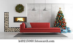 Modern living room with fireplace and christmas tree Modern living room with fireplace and christmas tree