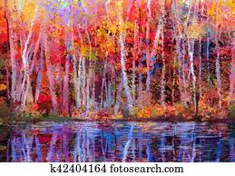 Oil painting landscape - colorful autumn trees Oil painting landscape - colorful autumn trees
