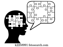 Puzzled person silhouette talks in puzzle pieces speech bubble