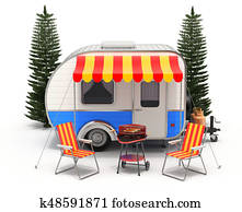 RV camper trailer with camping equipment on white background