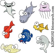 caricatura, animais mar