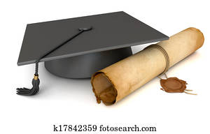 Graduation cap and diploma. Old Scroll paper with wax seal Graduation cap and diploma. Old Scroll paper with wax seal