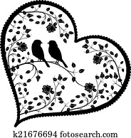 corazón, con, aves, y, flores
