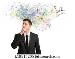 homem negócios, pensa, para, idéias novas