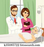 young doctor and nurse visiting a senior old man patient