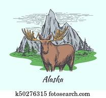 Alaska poster with moose and mountains