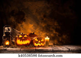 Halloween Pumpkins on old wooden table