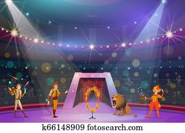 Juggler, clown, handler and lion on circus show Juggler, clown, handler and lion on circus show