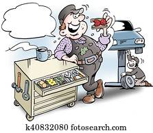 ציור היתולי, דוגמה, של, a, מכונאי, בעל ארוחת צהרים, כריכים, ב, ה, עבד, קבינט