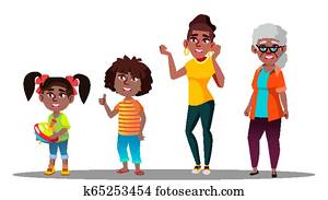 African American Generation Female Vector. Grandmother, Mother, Daughter, Granddaughter, Baby, Teen. Vector. Isolated Illustration