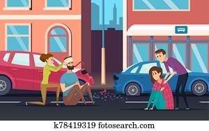 First aid. Road accident personal helping person to car or cycling driver medicine vector cartoon background First aid. Road accident personal helping person to car or cycling driver medicine vector cartoon background