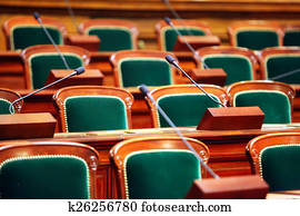 vacío, vendimia, congreso, vestíbulo, con, asientos, y, microphones.