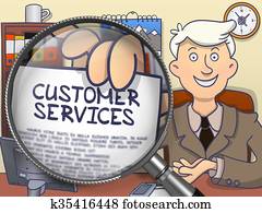 Customer Services through Magnifying Glass. Doodle Concept.