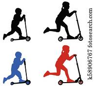 flicka, och, pojke, ridande, mikro skoter, silhouettes