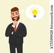 Thoughtful young businessman thinking and holding finger on face. White thought bubble in the background. Male character design illustration. Innovation, new idea, creativity concept in vector. Thoughtful young businessman thinking and holding finger on face. White thought bubble in the background. Male character design illustration. Innovation, new idea, creativity concept in vector.
