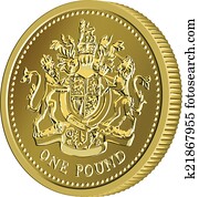 Vector British money gold coin one pound with the coat of arms