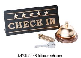 Check in concept, hotel key and reception bell, 3D rendering Check in concept, hotel key and reception bell, 3D rendering