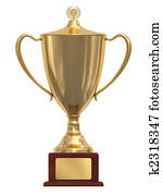 Gold trophy cup on wood pedestal Gold trophy cup on wood pedestal