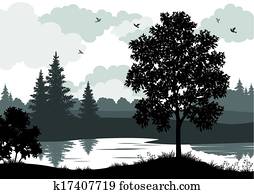 Landscape, trees, river and birds silhouette Landscape, trees, river and birds silhouette