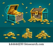 piratic, troncos, pechos, con, monedas de oro, tesoros