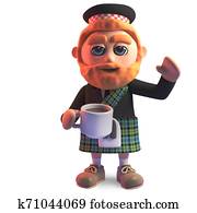 Thirsty Scottish man in kilt drinking a cup of tea, 3d illustration Thirsty Scottish man in kilt drinking a cup of tea, 3d illustration