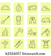 Camping equipment and outdoor travel icons set