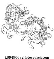 két, szépség, egyszarvú, vektor, ábra, elpirul beír, oldal