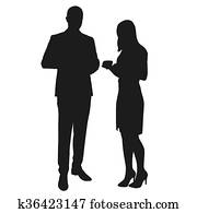 Man and woman standing and drinking coffee. Vector silhouettes. Break, time to relax at work in the office. Man in suit, Woman in a shirt, skirt and high-heeled shoes on. Managers, teachers, lawyers, merchants, business partners, officials