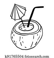 קוקוס, אקזוטי, קוקטייל, וקטור, העבר, צייר, ., שחור, תאר, ציור, הפרד, בלבן, background,, קיץ, החף