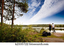 acampamento, por, lago