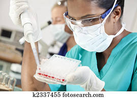 An Asian medical or scientific researcher or doctor working with a pipette, blood samples and a well tray in a laboratory with her female colleague out of focus behind her.