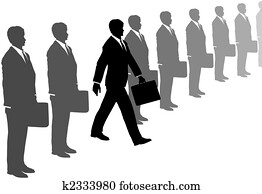 Business initiative man steps out of gray suits line Business initiative man steps out of gray suits line