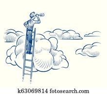 Business vision. Businessman with telescope standing on ladder among clouds. Successful future achievements sketch vector concept Business vision. Businessman with telescope standing on ladder among clouds. Successful future achievements sketch vector concept