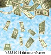 dollars fall isolated on cloudy sky background
