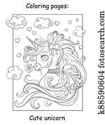 csinos, romantikus, csecsemő, egyszarvú, portré, színezés, vektor