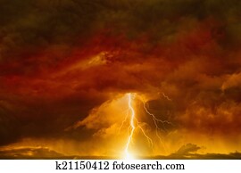 Dark red sky with lightning Dark red sky with lightning