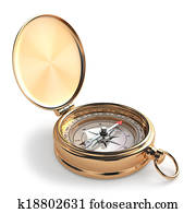 Gold compass on white isolated background.
