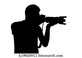 Photographer with camera. Side view silhouette of man holding digital camera while standing isolated on white