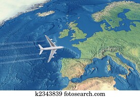 White Civil Airplane over the Atlantic ocean flying to Europe