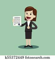 Businesswoman holding a contract with signature. Good deal. Happy, smile.