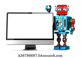 früher, roboter, mit, edv, display., isolated., 3d, illustration., enthält, ausschnitt weg