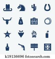 Cowboy icons. Vector wild west pictograms isolated