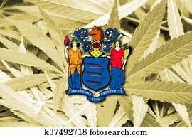 Flag of New Jersey State, on cannabis background Flag of New Jersey State, on cannabis background