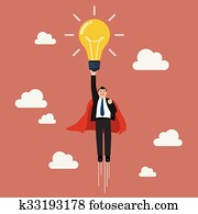 forretningsmann, superhero, avholdelse, skapende, lightbulb